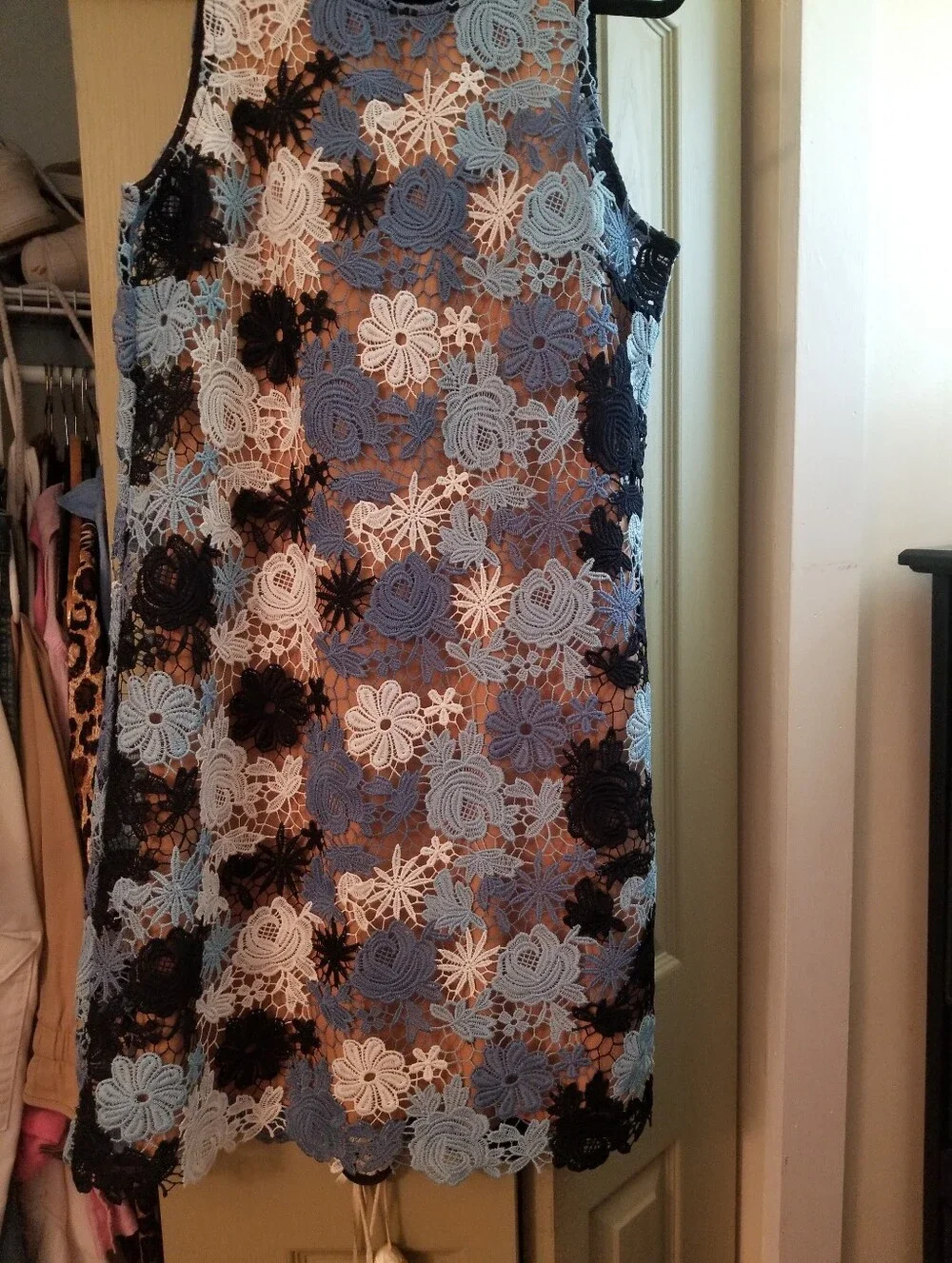 Michael Kors Blue, White & Black Floral Lace Mini Dress with Keyhole